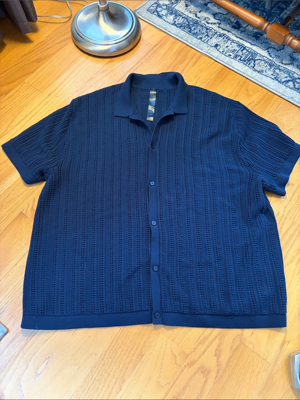 Lululemon Cotton-Blend Knit Button-Up Short Sleeve Shirt Navy Blue Size XXL